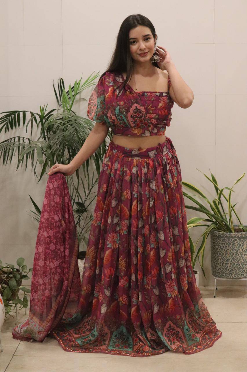 Rich wine KR 120 Organza Lehenga choli suppliers in Andhra Pradesh